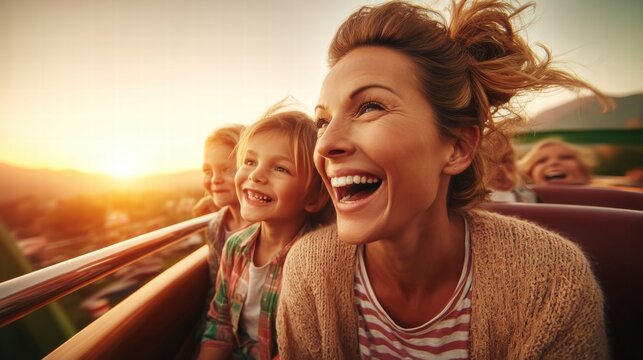 Joyful family enjoying a thrilling ride on a roller coaster at sunset.