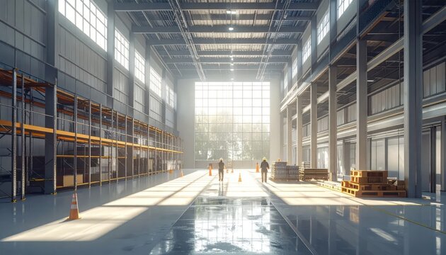 Spacious Warehouse Interior with Natural Light and Shelving.