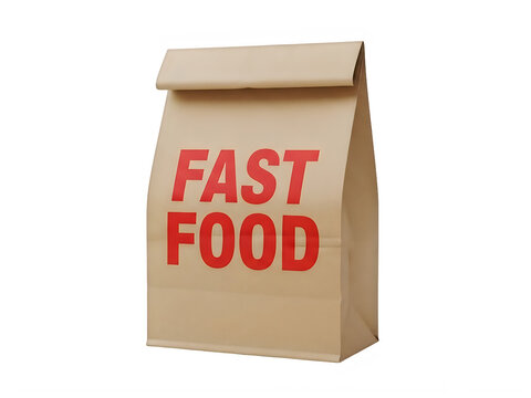 Brown paper bag for fast food takeaway delivery with red printed text isolated on transparent background