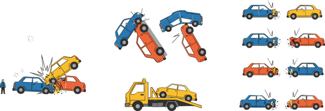 Car Accident and Towing Service Illustration Set Featuring Crash, Damage, and Vehicle Recovery Scenes for Emergency, Safety, and Transport Designs