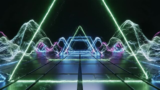 Abstract geometric tunnel with pulsating neon lights and flowing energy waves, creating a futuristic digital soundscape and vibrant virtual reality journey across a reflective tiled floor