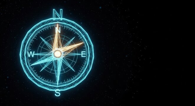 A blue compass on a black background illustration