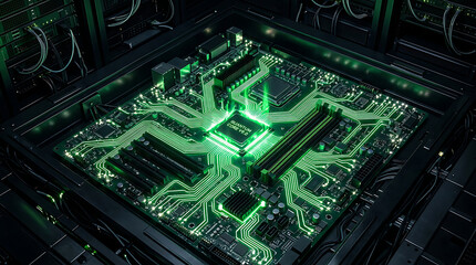 Fototapeta premium Quantum core processor on glowing circuit board mounted within powerful server cabinets.