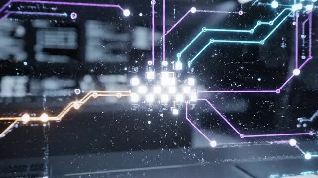 Intricate interconnected digital circuit board pathways pulsing with vibrant neon light, representing advanced technology, data flow, artificial intelligence, and the complex web of global