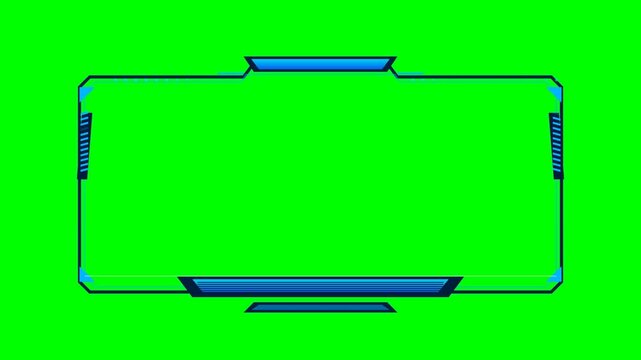 Futuristic blue gaming frame and webcam overlay for live streaming and content creation on green screen background