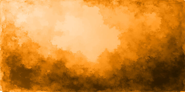 Aged vintage grunge paper texture featuring an antique brown pattern with hot orange fire sparks and smoky cloud explosions against a weathered yellow sky