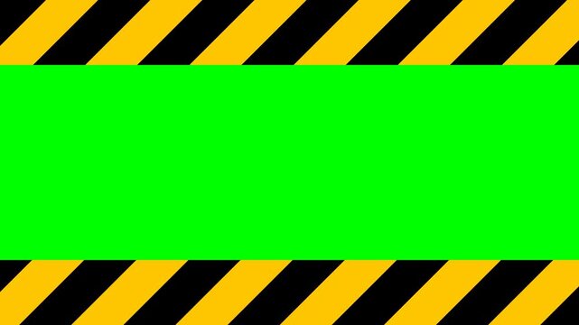 Animation of yellow and black hazard caution stripes framing a green screen background for video editing and content creation