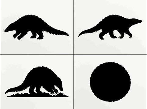 Black silhouettes of pangolins in various poses and a solid black circle on a white background, ideal for graphic design resources.