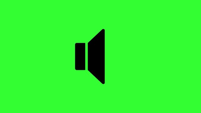 Animation of black speaker volume icon with pulsating sound waves indicating audio output in a minimalist flat design isolated on green screen for chroma key compositing