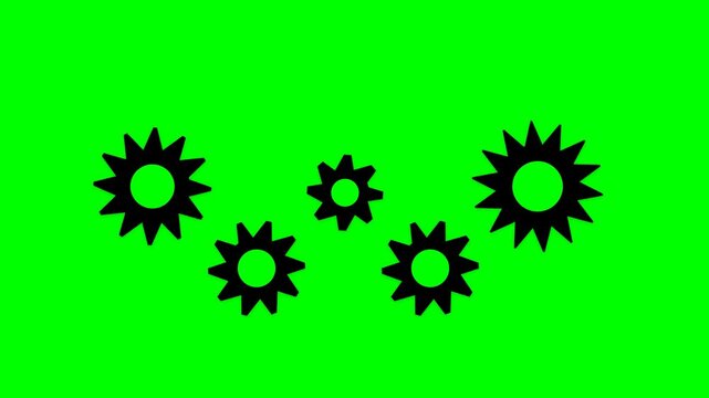 Animation of rotating black gear cogs on a green screen background for video editing and motion design projects
