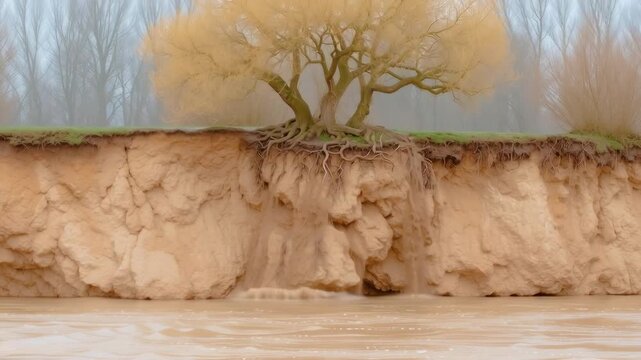 A tree stands on an eroded bank with exposed roots above a collapsing slope.
