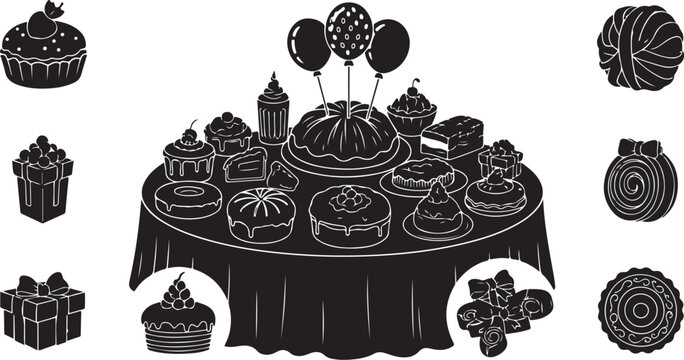 Black and white birthday party dessert table setup