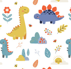 Naklejka premium Cute Baby Dinosaur Seamless Set Patterns - Nursery Dino Floral Vector Collection