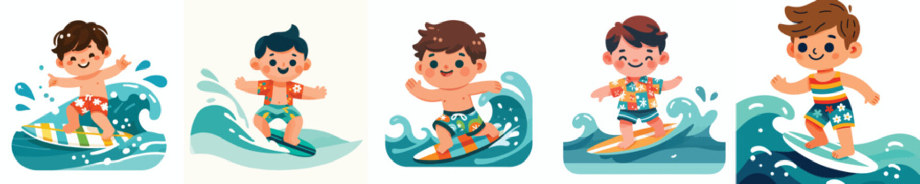 vector of a little boy surfing on a summer beach