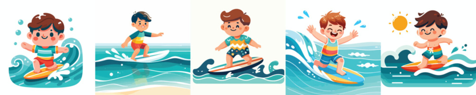 vector of a little boy surfing on a summer beach