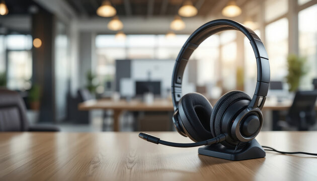 Headset placed on a table in a bright office setting with computers in the background