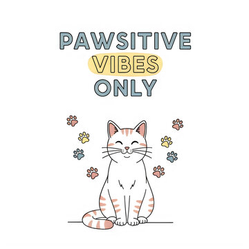 Paw prints forming the words 'pawsitive vibes only' CAT Niche T-Shirt Design isolated on transparent background 