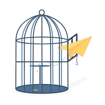 Origami paper plane flying out of an open birdcage.Creative idea breaking free from cage.Concept of mental freedom, startup and inspiration. Intellectual liberation, lightness and creativity. Vector