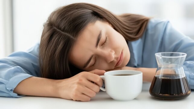 Tired young woman sleeping on table with eyes closed holding white coffee cup during morning fatigue and exhaustion indoors at home in casual blue shirt