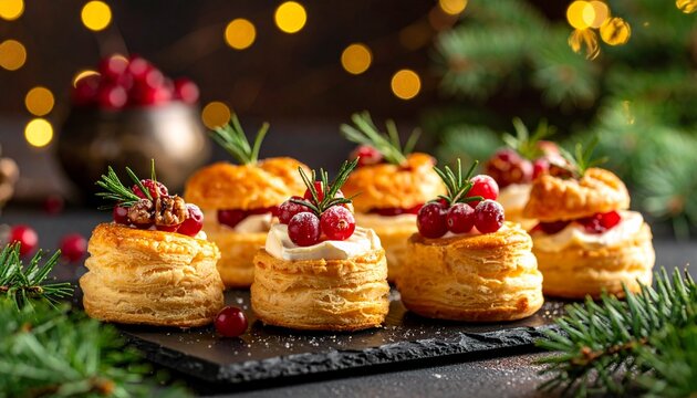 Goldbraune Bl&auml;tterteig-H&auml;ppchen mit Camembert und Preiselbeeren