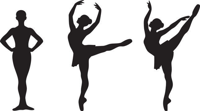 Set of three black ballet dancer silhouettes showing upright stance, side leg lift, and arabesque pose isolated on white background