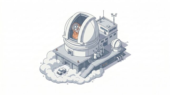 Minimalist isometric 3D flat vector illustration of an astronomical observatory with telescope dome