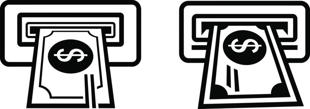 ATM machine cash withdrawal showing dollar bill currency payout icons
