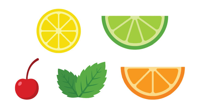 Fruit slices including lemon, lime, orange, cherry, and mint leaves are displayed as icons.