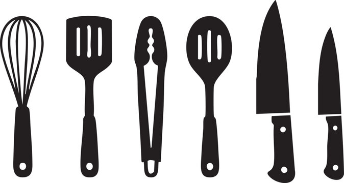Set of six black kitchen utensil silhouettes including whisk, spatula, tongs, spoon, chef knife, and paring knife isolated