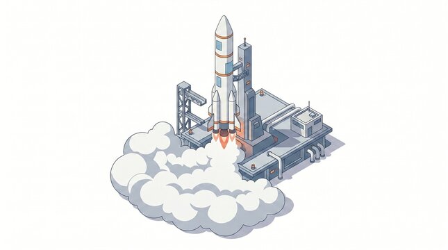Minimalist isometric 3D flat vector illustration of a space rocket launch