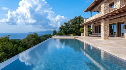 Fototapeta premium Luxurious stone villa with an infinity pool overlooking the blue sea