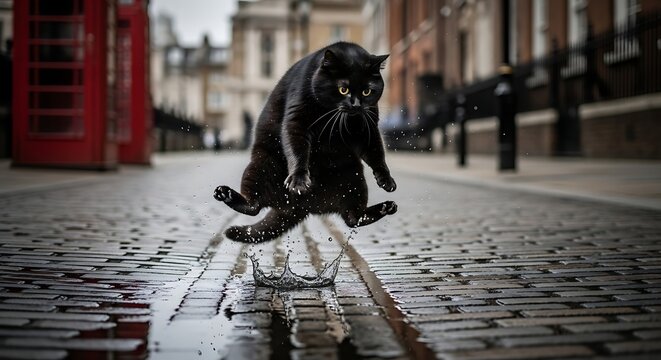 Pictures of fat cats jumping into street puddles in London
