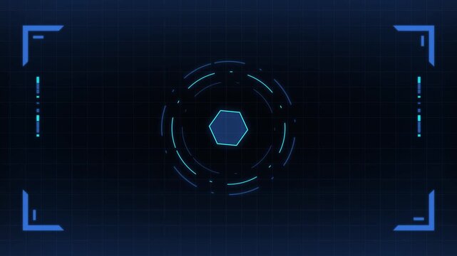 Futuristic blue HUD interface with rotating circles and hexagon on dark digital grid background.