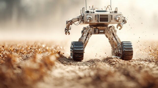 Autonomous four wheel rover robot driving through dusty field with flying soil and shallow depth of field
