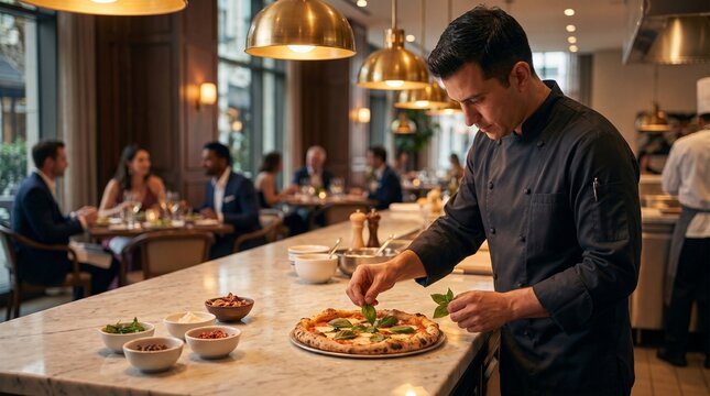 Professional chef carefully adds fresh basil to a gourmet pizza, showcasing culinary artistry in an elegant restaurant environment