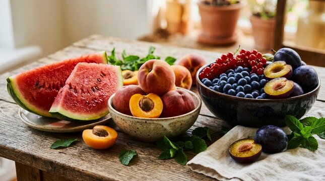 Fresh summer fruit arrangement on wooden table for healthy diet menu