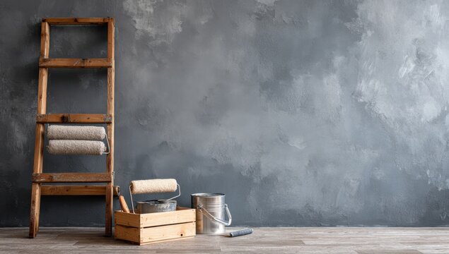 Rustic Wooden Ladder and Painting Supplies Against Textured Wall.