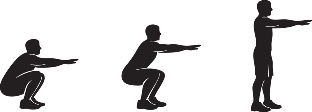 Set of three black squat exercise silhouettes showing movement progression isolated on white background for fitness training themes