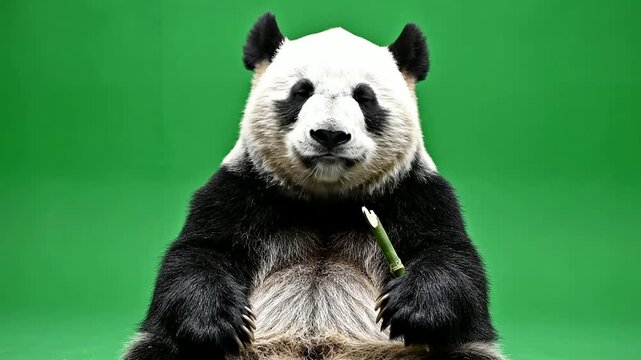Panda Bear Eating Bamboo Stick Greenscreen Footage