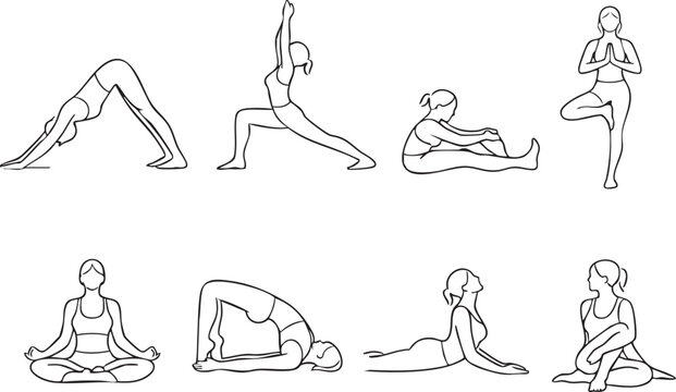 Collection of eight continuous line yoga pose drawings showing balance, flexibility, and mindfulness isolated on white background