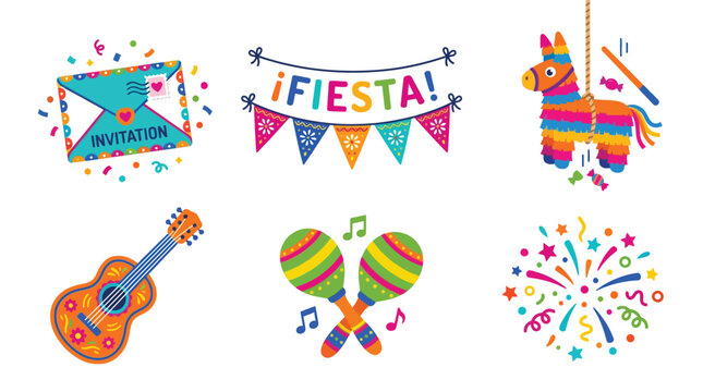 Fiesta elements including a colorful pi&ntilde;ata, guitar, maracas, and banners represent a vibrant celebration for a festive party event.