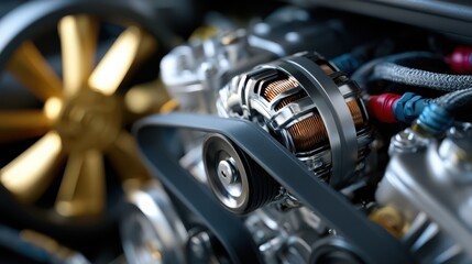 Fototapeta premium Close-up of a car engine showcasing a polished alternator, belts, and a golden cooling fan blade in sharp detail and vibrant colors.