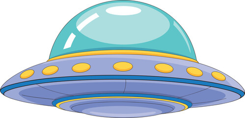 Colorful cartoon UFO flying saucer with glass dome and yellow lights for space exploration and alien themes © Afsana