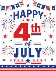 Obraz premium Happy 4th of july patriotic celebration poster with fireworks and american flags