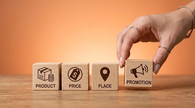 Hand placing a wooden block with a promotion icon to complete the four marketing mix elements on a wooden surface