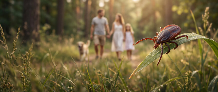 Infected tick on grass blade waiting to attack victims, exposed family walking with dog in park or forest, Ixodes ricinus