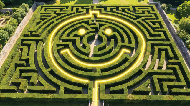 Hedge maze features a bright glowing smiley face pattern integrated into the center of the garden paths.