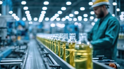 Obraz premium Worker inspecting clear plastic bottle filled with yellow cooking oil on conveyor line in factory with blurred production equipment and bright lights