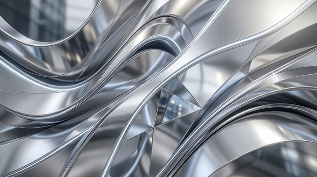 Modern metallic abstract design with curved silver lines and reflective surface