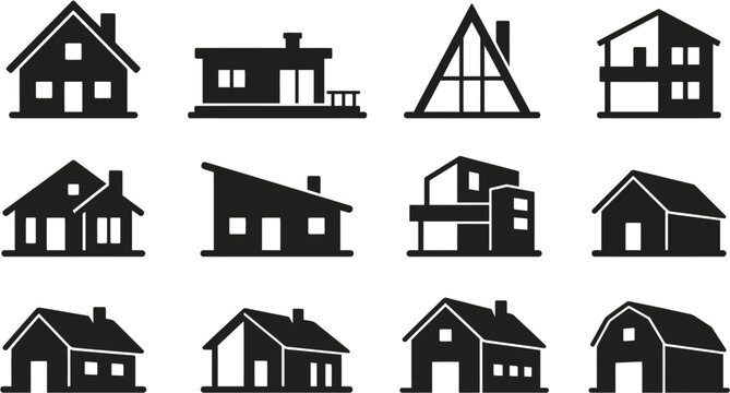 Diverse Residential House Icons Collection Architectural Styles and Home Structures for Real Estate and Living Concepts
